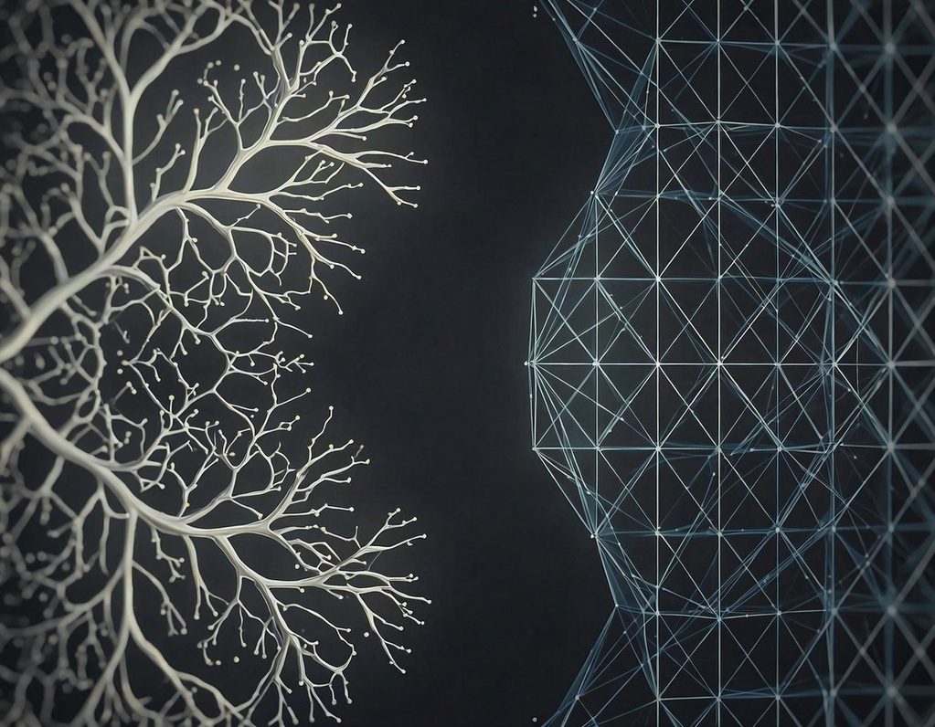Abstract illustration: an organic branching form and a geometric lattice facing each other across dark space, not touching.