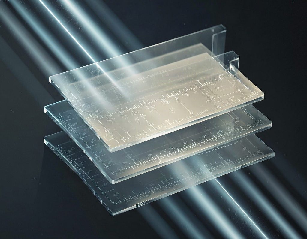 Abstract illustration: beams of light passing through stacked translucent panes marked with fine measurement lines.