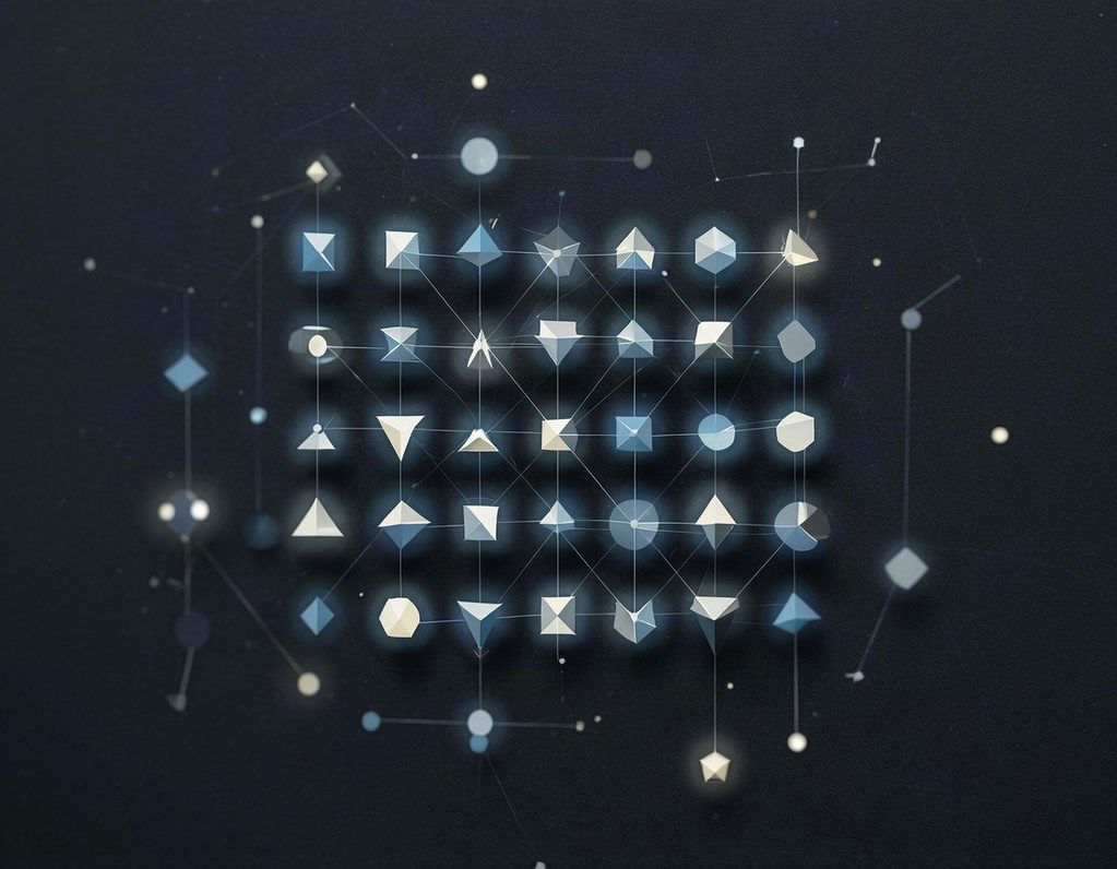 Abstract illustration: a grid of small, distinct geometric shapes of light, some joined by thin lines.